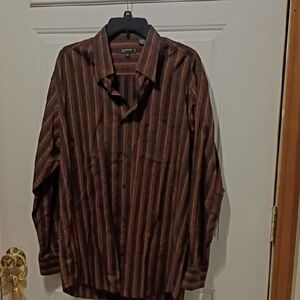 Men's Brown Striped Cotton LG Casual Button-Down Shirt Office Comfy